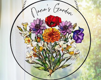 Personalized Birth Month Flowers Nana's Garden Stained Glass Suncatcher, Acrylic Birth Flower Glass Ornament For Nana, Custom Garden Decor