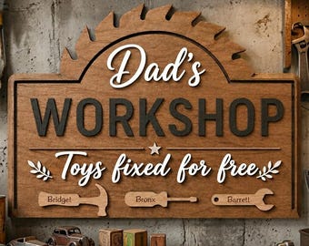 Personalized Dad's Workshop Sign, Custom Wooden Plaque With Kids Names, Garage Workshop Decor, Father's Day Gift For Dad