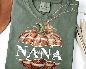 Personalized Nana Comfort Colors Fall Sweatshirt, Custom Grandkids Names Football Pumpkin Crewneck, Cozy Thanksgiving Gift