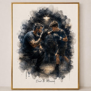 May include: Watercolor-style print in a gold frame depicts a boxing scene. A man and a boy are engaged in boxing, with the man holding pads. The text "Dad & Mason" is at the bottom. The artwork has a dark, moody aesthetic.
