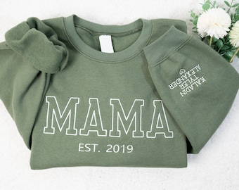 Custom Embroidered Sweatshirt For Mom, Embroidered MAMA Est Sweatshirt, Embroidered Mama Pullover, Christmas Gift for Mom, New Mom Gift