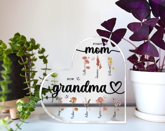Personalized First Mom, Now Grandma Heart Acrylic Plaque, Valentine Gift, Nana Gifts, Mothers Day Gift, Birth Month Flowers Gift For Grandma - Israel