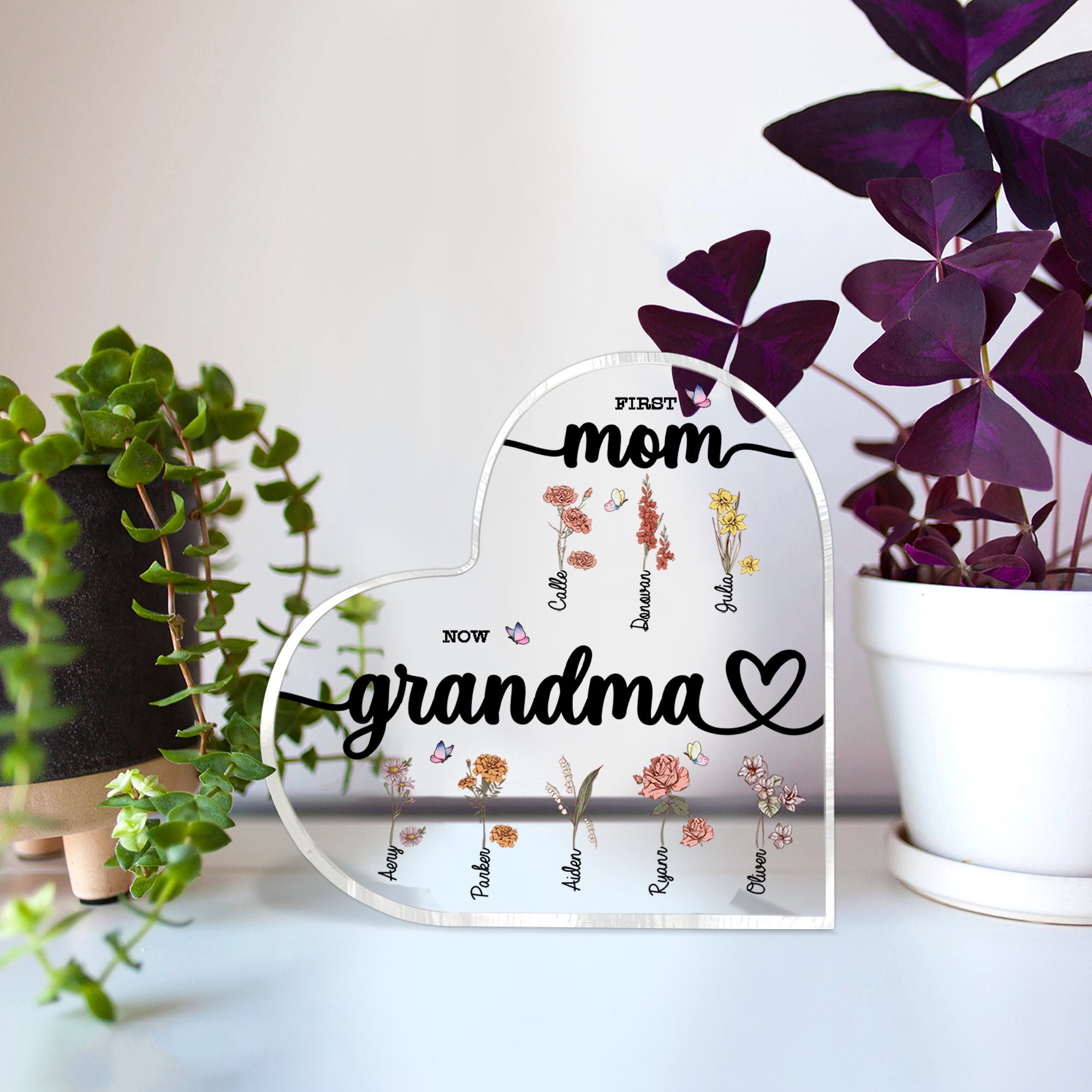 Custom First Mom Now Grandma Heart Acrylic Plaque,birth Month Flower ...