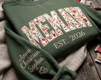 Custom Embroidered Memaw Sweatshirt, Memaw Floral Applique Sweater, Memaw Crewneck with Kids on Sleeve, Personalized Mother's Day Gift