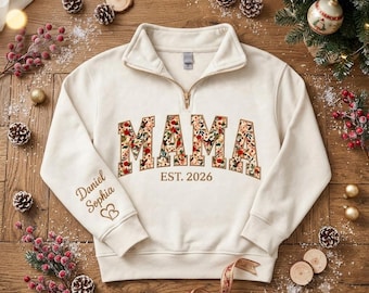 Personalized Embroidered Mama Quarter Zip Sweatshirt, Floral Applique Grandma Crewneck, Mom Gift, Mothers Day Christmas Pullover