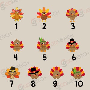 May include: Ten different Thanksgiving turkey designs with various expressions and accessories. The turkeys are numbered 1 through 10.