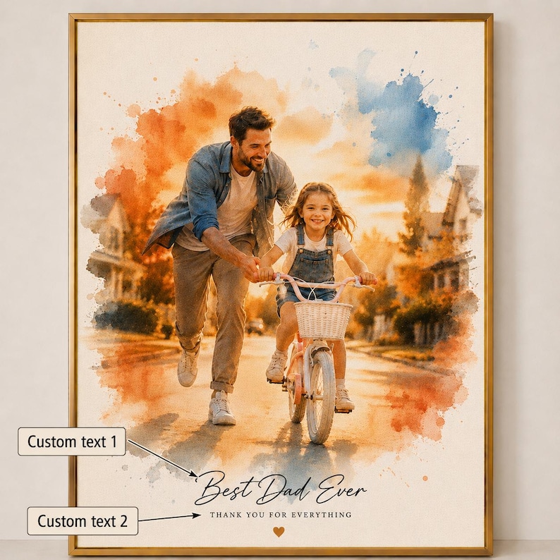 May include: A framed watercolor print depicts a father and child on a bicycle. The father is guiding the child on a pink bike with a basket. The text "Best Dad Ever" and "Thank you for everything" are below the image.