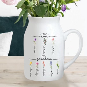 First Mom Now Grandma With Kid Names , Birth Month Flower Grandma Vase , Mother's Day Gift , Gift For Grandma , Gift For Mom