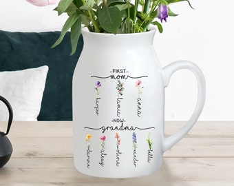 First Mom Now Grandma With Kid Names , Birth Month Flower Grandma Vase , Mother's Day Gift , Gift For Grandma , Gift For Mom