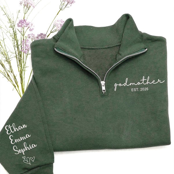 Sudadera personalizada para madrina, suéter bordado personalizado con cremallera de un cuarto, regalo para madrina, cuello redondo para propuesta de madrina