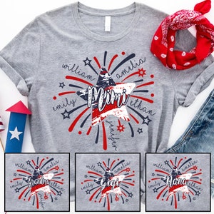 Personalized 4th of July Mimi Star Shirt, Mimi Star Fireworks American Flag Shirt, Patriotic Grandma with Kid Shirt for Independence Day