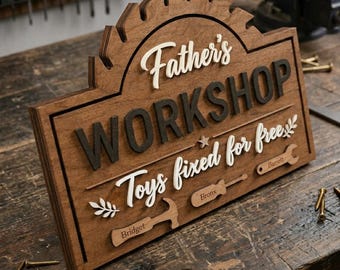 Personalized Father's Workshop Sign, Custom Wooden Plaque With Kids Names, Garage Workshop Decor, Father's Day Gift For Father