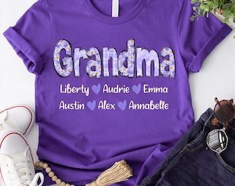 Personalized Grandma Purple Shirt with Grandkids Names, Custom Grandma T-Shirt, Gift for Gigi Nana Mimi, Mother's Day Gift for Grandma