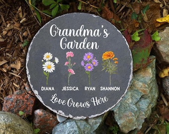 Personalized Grandma Garden Stone, Gifts for Mom Custom Garden Birthflowers Stone with Kids Name, Birth Month Flower Grandma Garden Stone