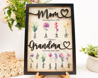 Custom First Mom Now Grandma Wooden Sign, Custom Birth Month Flower, Birthday Gift for Mom, Grandma, Nanny, Gifts for Mom, Mother's Day Gift