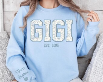 Custom Embroidered Gigi Sweatshirt, Personalized Blue Floral Gigi Shirt, Birthday Gift for Gigi, Christmas Gift, Mother's Day Gift