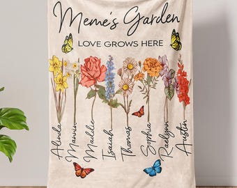Personalized Meme's Garden Blanket, Custom Birth Month Flower Blanket, Mother’s Day Gift for Grandma Nana, Blanket with Grandkid Names