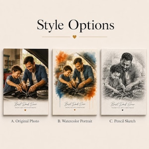 May include: Three canvas prints showcasing a father and son working on a car engine. The prints are labeled: "A. Original Photo," "B. Watercolor Portrait," and "C. Pencil Sketch." Each print features the text "Best Dad Ever, Thank You For Everything."