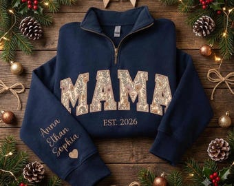 Personalized Floral Embroidered Mama Quarter Zip Sweatshirt, Custom Mama Grandma Sweatshirt for Mothers Day Christmas