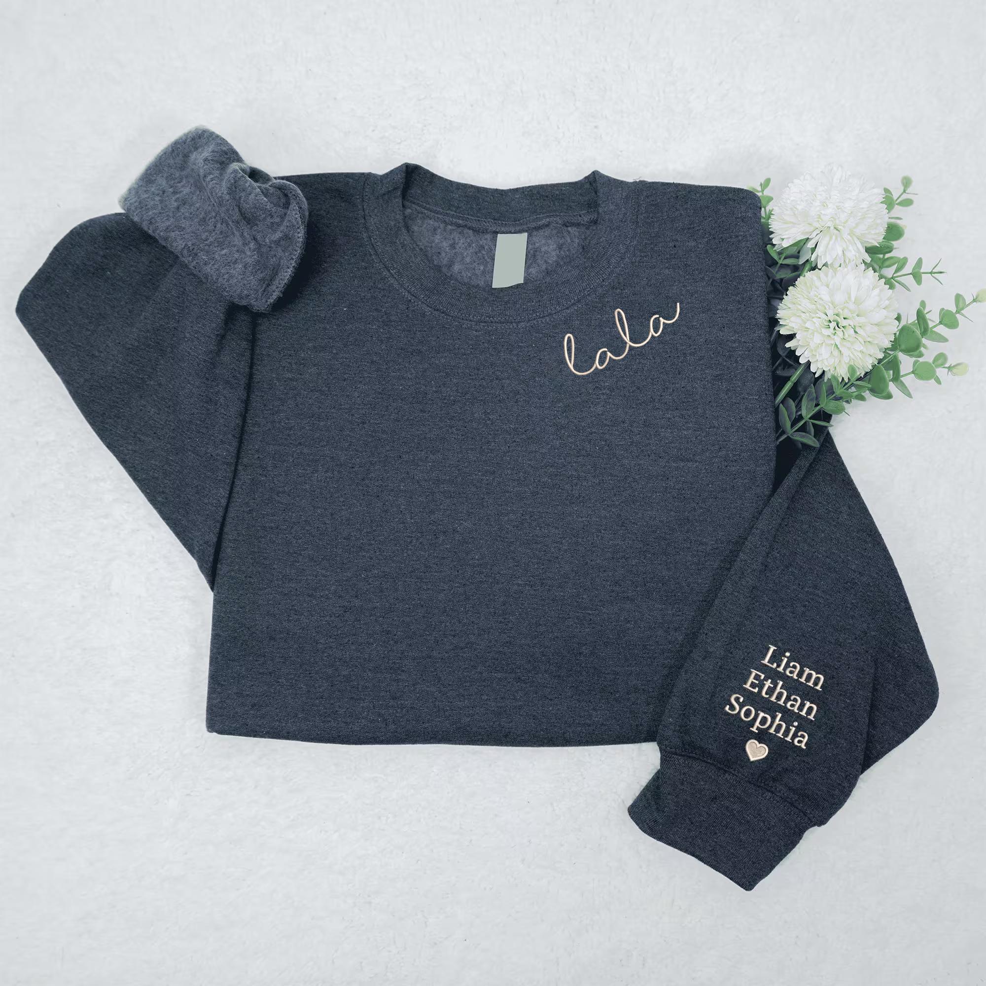 Embroidered Lala Neckline Sweatshirt With Grandkids Names on