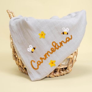 Custom Muslin Swaddle Blanket, Hand Embroidered Swaddle, Custom Baby Blanket, New Mom Gifts, Baby Gifts, Muslin Swaddle, Name Announcement
