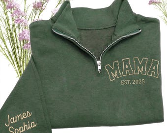 Custom Mama Sweatshirt - Embroidered Mama Quarter Zip Sweatshirt, Mama Sweater, Personalized Mom Gifts for Mother’s Day, Christmas 2025