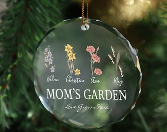 Mom Birth Month Flower Glass Ornament, Custom Name Birth Flowers Garden Family Ornament, Christmas Mama Keepsake With Kids, Gift For Mom