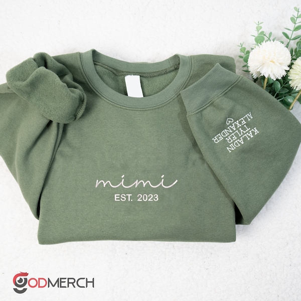 Custom Embroidered Mimi Sweatshirt with Grandkids Name, Personalized Embroidery Grandma,Any Text or Mimi on Neckline Sweatshirt for Mother's