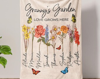 Personalized Granny's Garden Blanket, Custom Birth Month Flower Blanket, Mother’s Day Gift for Grandma Nana, Blanket with Grandkid Names