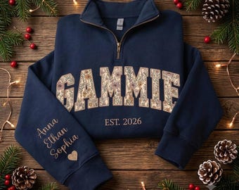 Personalized Floral Embroidered Gammie Quarter Zip Sweatshirt, Custom Mama Grandma Sweatshirt for Mothers Day Christmas