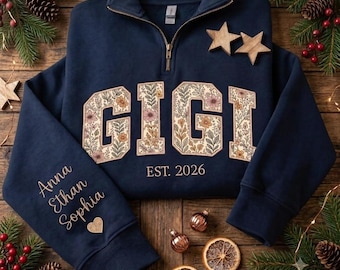 Personalized Floral Embroidered Gigi Quarter Zip Sweatshirt, Custom Mama Grandma Sweatshirt for Mothers Day Christmas