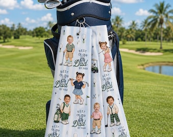 Custom Kids Portrait Golf Towel For Dad, Personalized Best Dad By Par Towel, Golf Gift From Kids