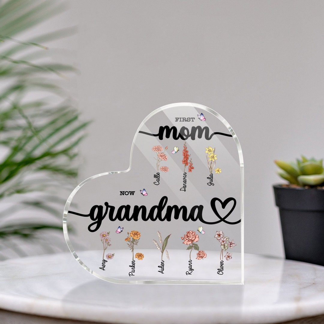 Custom First Mom Now Grandma Heart Acrylic Plaque,birth Month Flower ...