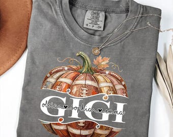 Personalized Gigi Comfort Colors Crewneck, Custom Grandkids Names Football Pumpkin Design, Cozy Fall Halloween Thanksgiving Gift