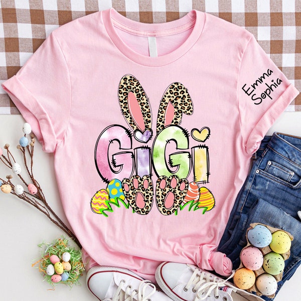 Personalized Gigi Bunny Easter Day Sweatshirt, Custom Easter Gigi Bunny Shirt with Kids on Sleeve, Custom Family Name Gigi, Easter Day Shirt
