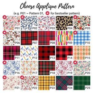 May include: A grid of twenty-five fabric swatches labeled P01 through P25, featuring various patterns including floral prints, plaid, tartan, leopard print, gingham, and school supplies. The text reads Choose Applique Pattern (e.g. P01 ~ Pattern 01, for bestseller pattern).