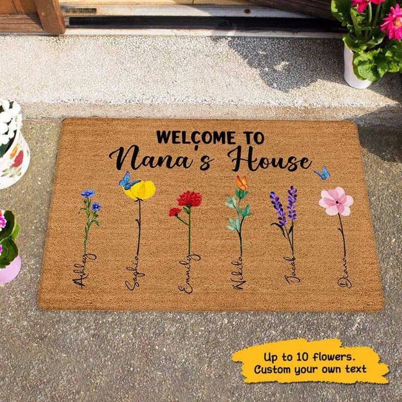 Personalized Grandma Doormat, Mom Doormat Gift Floral Doormat art House Decor Welcome To Nana‘s House Watercolor Flower Personalized Doormat image 1