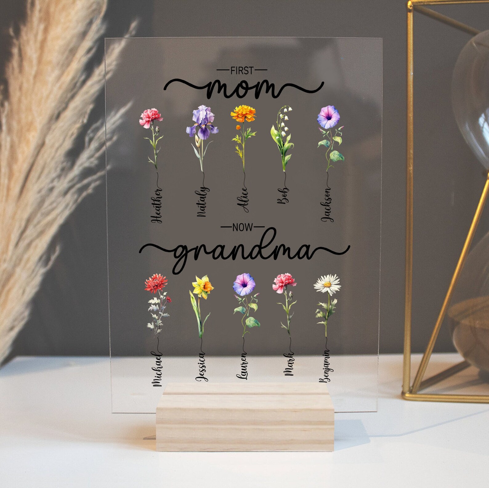 Custom First Mom Now Grandma Acrylic Plaque, Nana Birth Month Flower ...