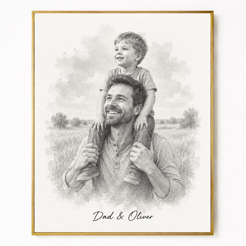 May include: A framed black and white pencil sketch of a father carrying a child on his shoulders in a field. The text "Dad & Oliver" is written at the bottom of the image. The frame is gold.