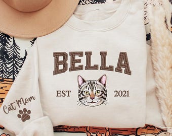 Personalized Cat Mom Embroidered Sweatshirt, Custom Cat Shirt, Embroidered Cat Crewneck, Gift For Pet Owner, Pet Lovers Gift, Pet Mom Gift