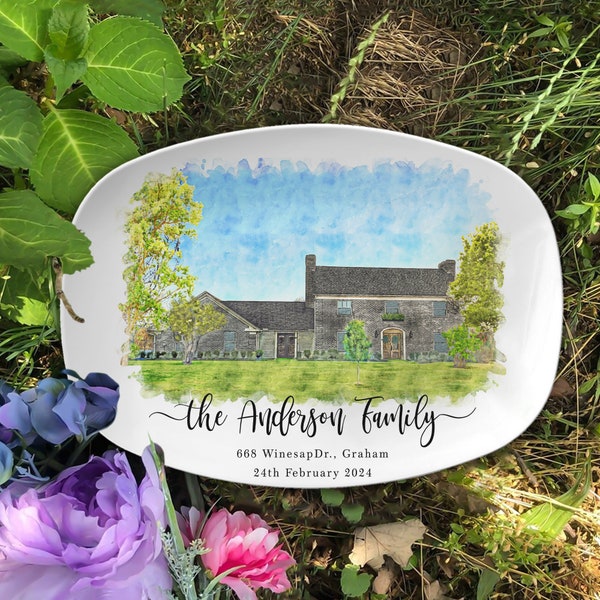 Personalized House Portrait Platter, Watercolor Effect House Painting Platter, Housewarming Gift, Realtor Closing Gift, First Home Gift