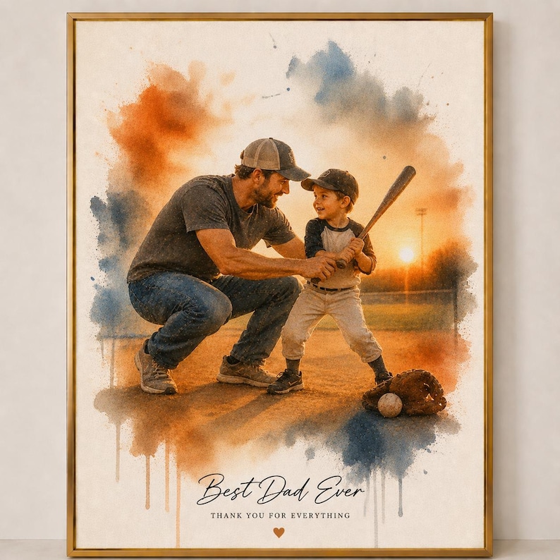 May include: A framed watercolor print featuring a father and child on a baseball field. The father is helping the child hold a bat. The words "Best Dad Ever" and "Thank you for everything" are written at the bottom.