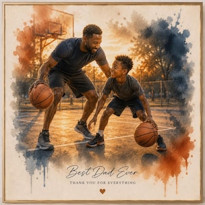 May include: Watercolor-style print of a father and child playing basketball on a court. The image features the text "Best Dad Ever" and "Thank you for everything". The artwork has a warm color palette with orange, blue, and brown tones.