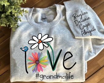 Personalized Love Grandma Sweatshirt, Custom Daisy Grandmalife Sweatshirt and Grandkids Names On Sleeve, Custom Grandma Life kids on sleeve