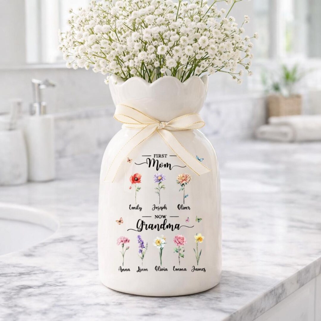 Personalized First Mom Now Grandma Gift, Custom Birth Month Flower Vase ...