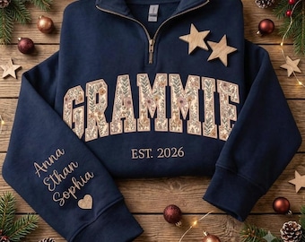 Personalized Floral Embroidered Grammie Quarter Zip Sweatshirt, Custom Mama Grandma Sweatshirt for Mothers Day Christmas