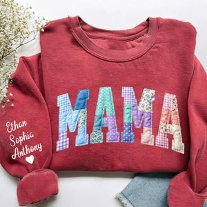 Customized Faux Patchwork Floral Mama Shirt, Faux Embroidered Mom Shirt, Varsity Mom Tee,Patchwork Mama Shirt, Cottagecore Floral Mom Gifts