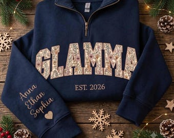 Personalized Floral Embroidered Glamma Quarter Zip Sweatshirt, Custom Mama Grandma Sweatshirt for Mothers Day Christmas