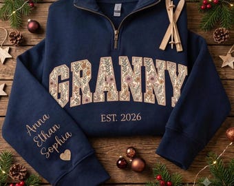 Personalized Floral Embroidered Granny Quarter Zip Sweatshirt, Custom Mama Grandma Sweatshirt for Mothers Day Christmas