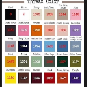 Op de afbeelding: Een kaart met garenkleuren en bijbehorende nummers. De kleuren omvatten zwart, wit, ivoor, zand/beige, geitenvacht beige, roze, donkergrijs, bubblegum, oranje, licht zalm, perzikroze, lavendel, grijs, marineblauw, carolina blauw, zomerlucht, licht denim, stofvlekken blauw/indigo blauw, goud, leger, celadon, zilver salie, bosgroen, olijfgroen, narcissen, koffieboon, maroen, rood, terracotta en paars.